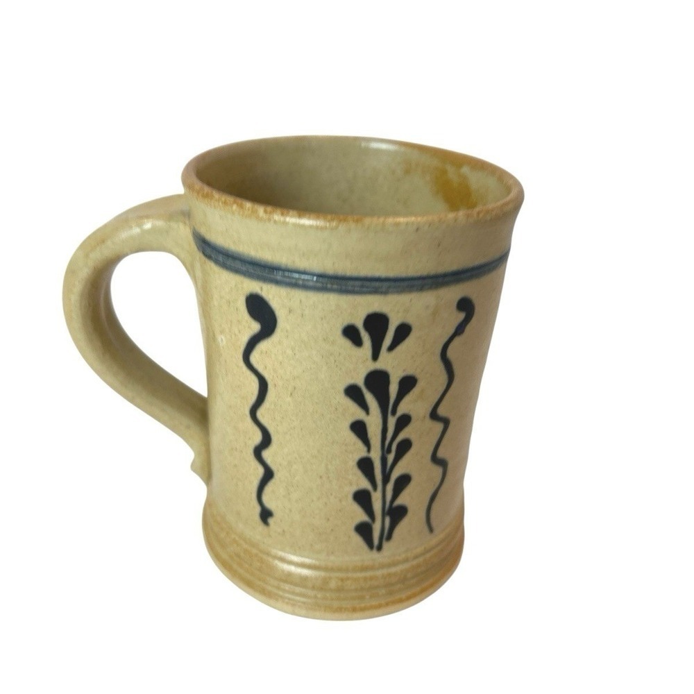 Stoneware Pottery Mug Blue Tan 8oz Cottagecore Farmhouse Prairie Patriotic Folk